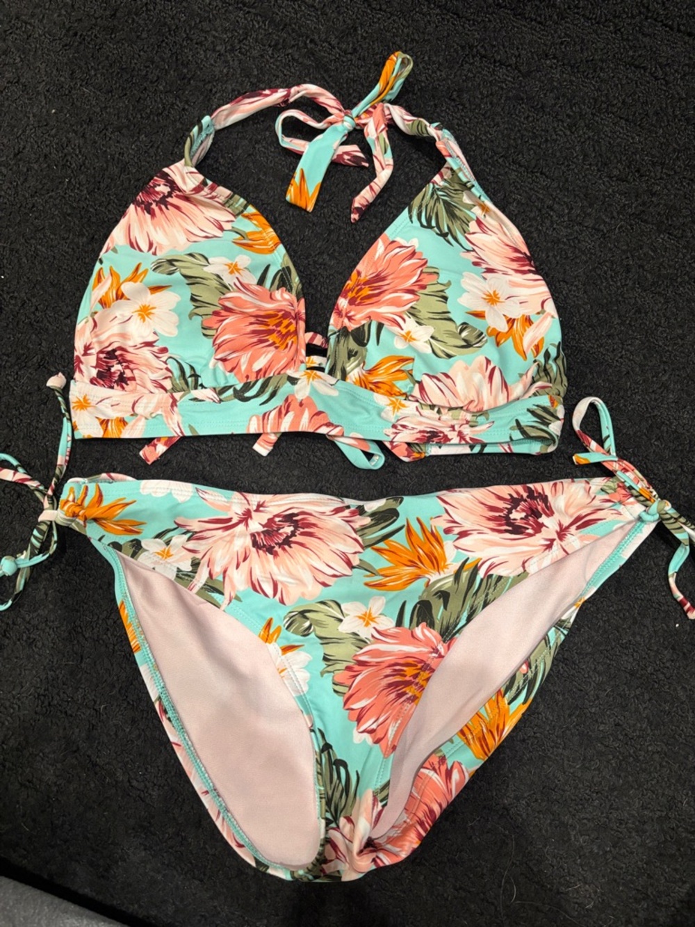 Floral Halter Bikini Set in Aqua and Pink - Women Swim Bikini